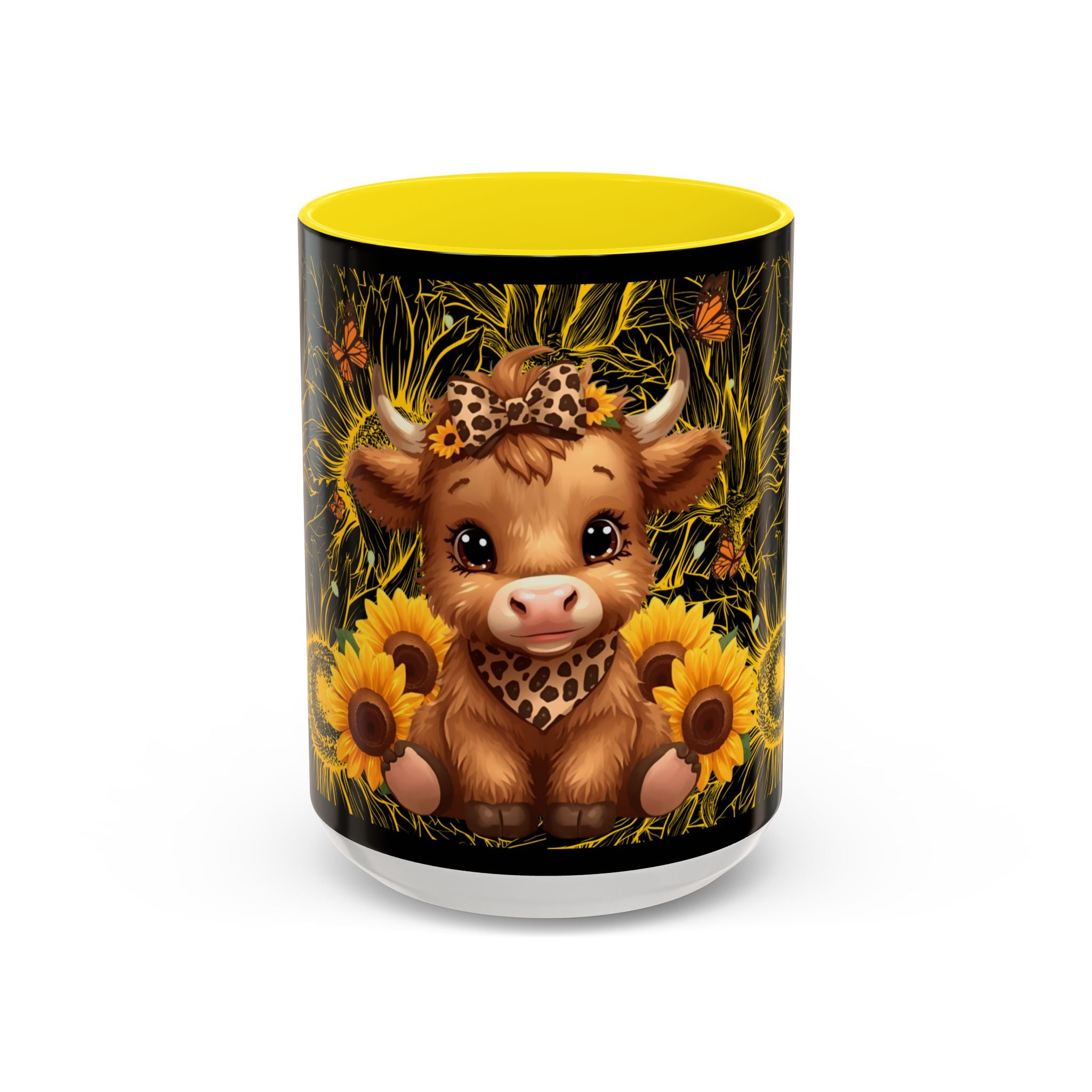 Highland Cow Sunflower Coffee Mug Cute Baby Cow with Sunflowers, Farmhouse Kitchen Gift 11oz and 15oz