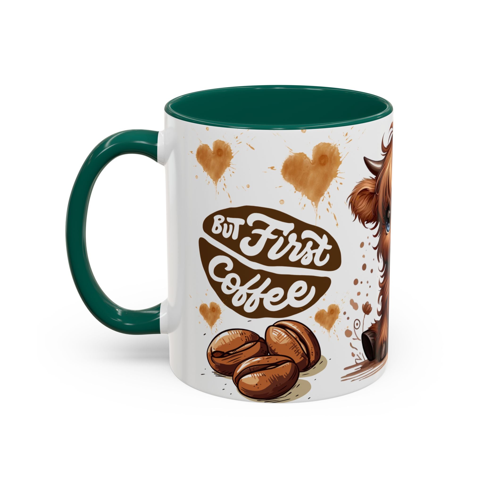 Cute Highland Cow Coffee Mug — "But First Coffee" Colorful Ceramic Mug (11oz/15oz)