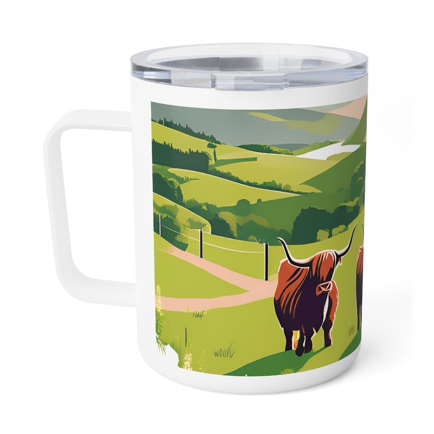 Highland Cattle 10oz Insulated Coffee Mug Scenic Scottish Farm Travel Tumbler