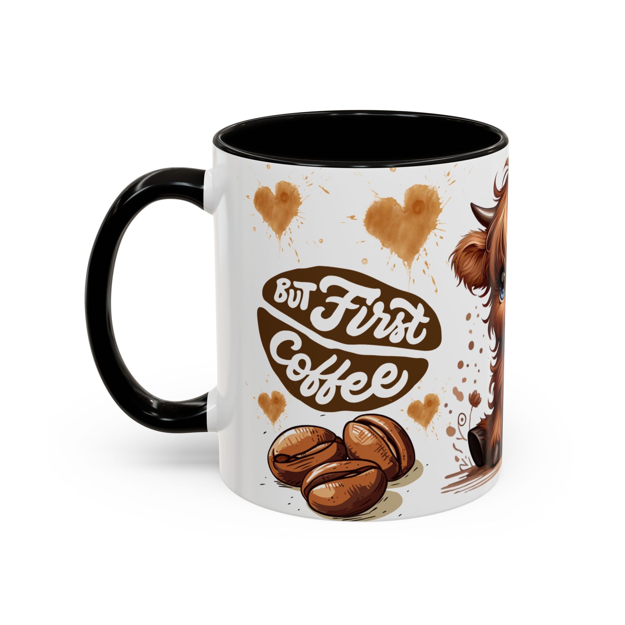 Cute Highland Cow Coffee Mug — "But First Coffee" Colorful Ceramic Mug (11oz/15oz)