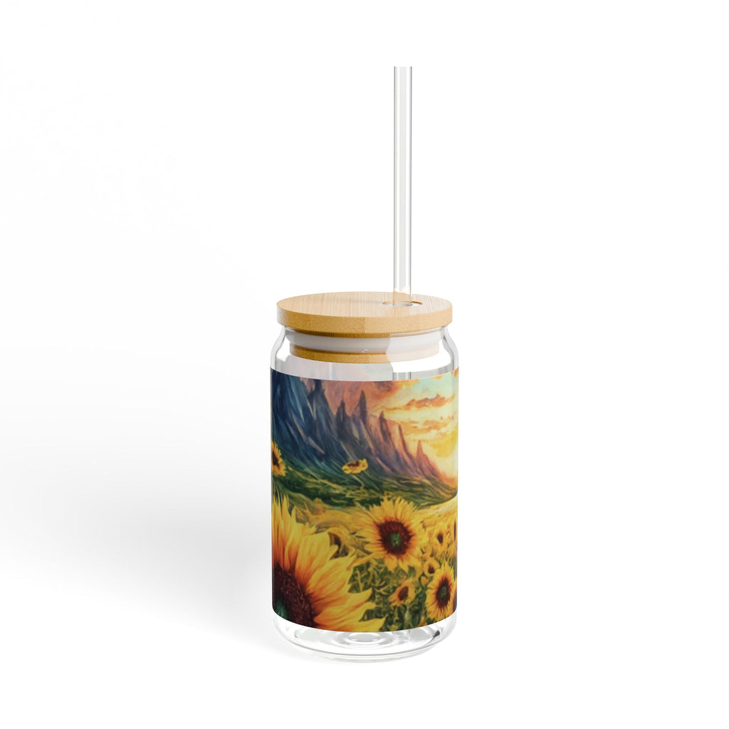 Glass Cup with Straw Sunflower Sunset Theme Sipper Glass, 16oz