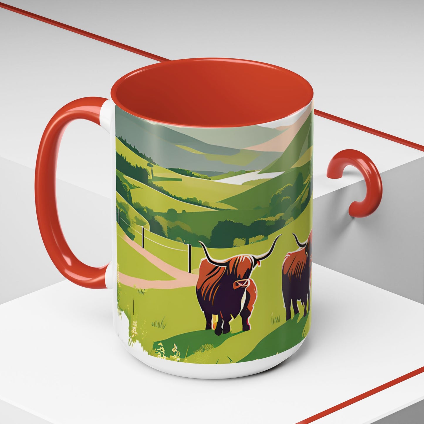 Highland Cow Coffee Mug – Scenic Farm Landscape Accent Mug (11/15oz)