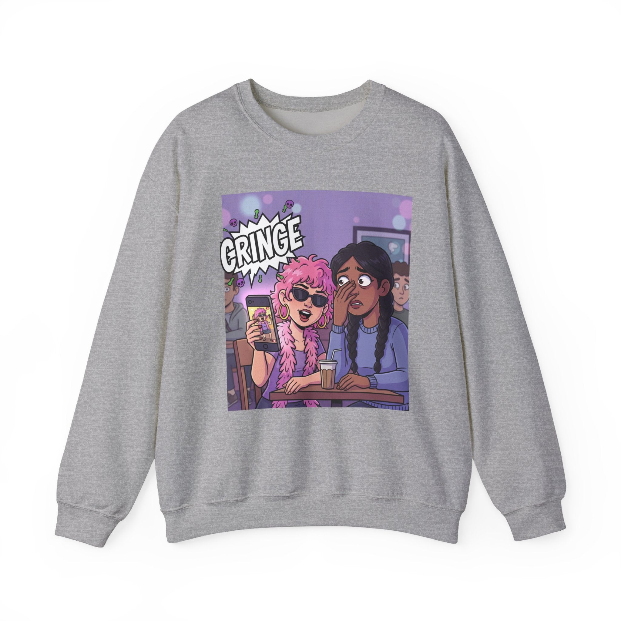 Cringe Friends Illustration Sweatshirt | Cartoon Cafe Scene