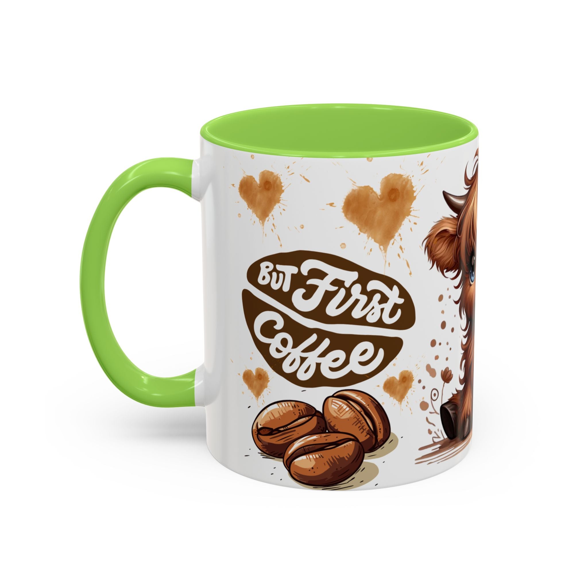 Cute Highland Cow Coffee Mug — "But First Coffee" Colorful Ceramic Mug (11oz/15oz)