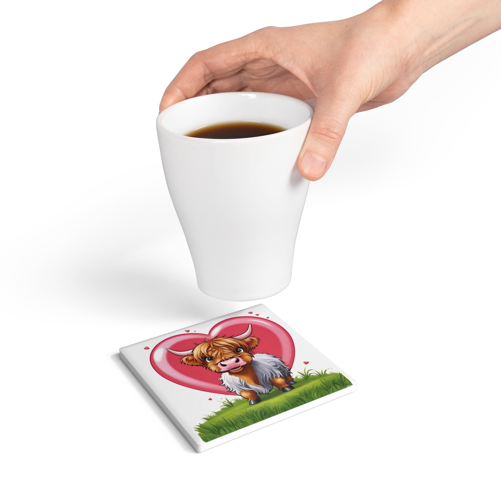 Cute Highland Cow Ceramic Coaster with Heart Design