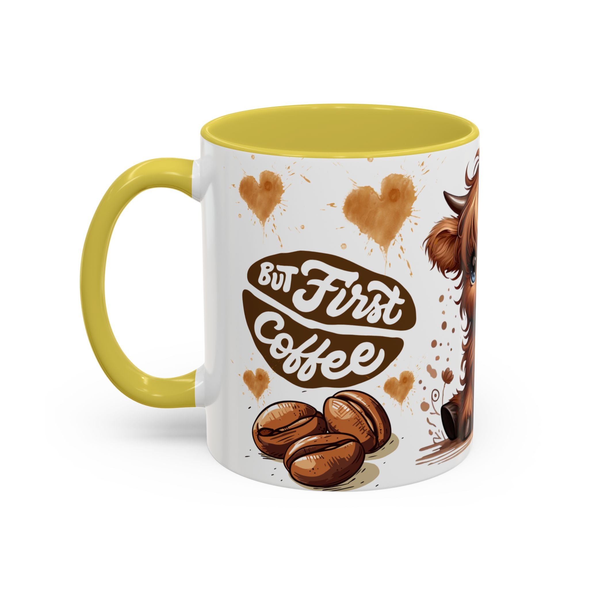 Cute Highland Cow Coffee Mug — "But First Coffee" Colorful Ceramic Mug (11oz/15oz)