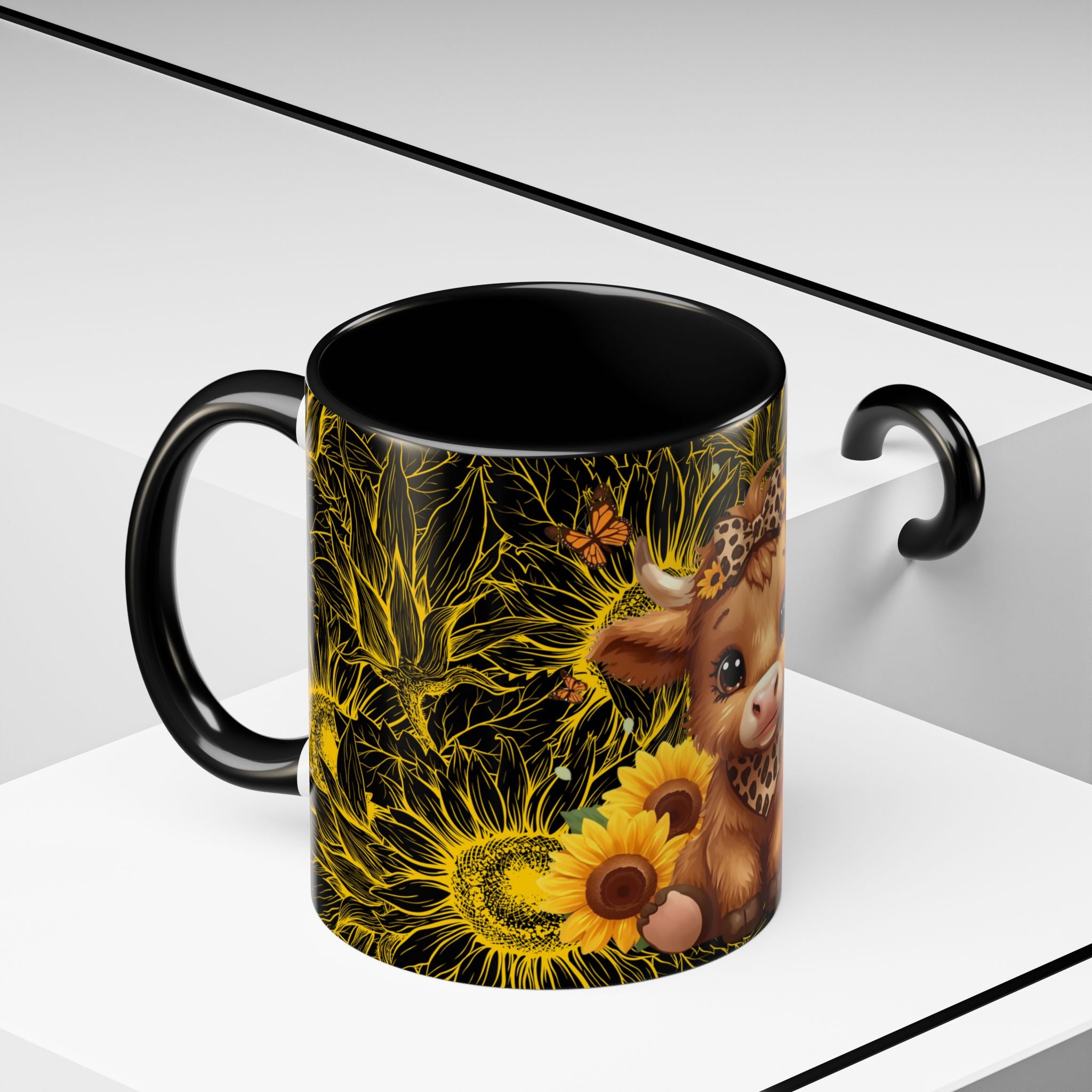 Highland Cow Sunflower Coffee Mug Cute Baby Cow with Sunflowers, Farmhouse Kitchen Gift 11oz and 15oz