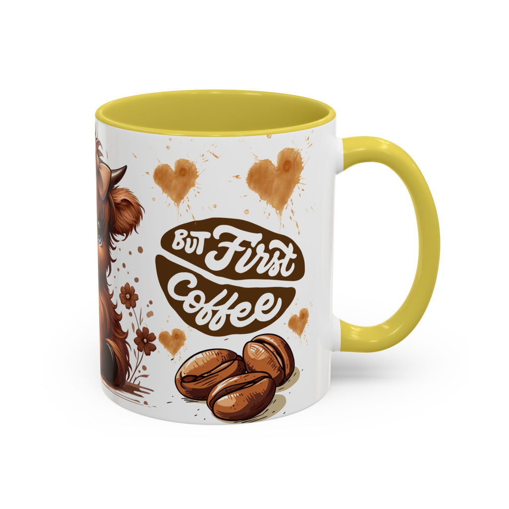 Cute Highland Cow Coffee Mug — "But First Coffee" Colorful Ceramic Mug (11oz/15oz)