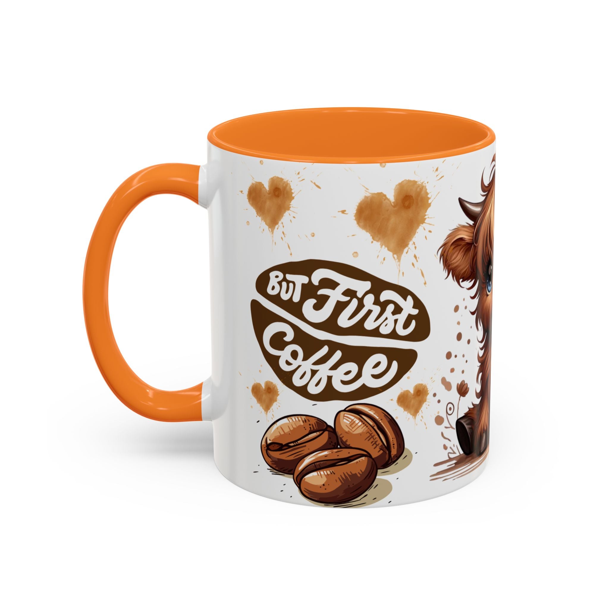 Cute Highland Cow Coffee Mug — "But First Coffee" Colorful Ceramic Mug (11oz/15oz)