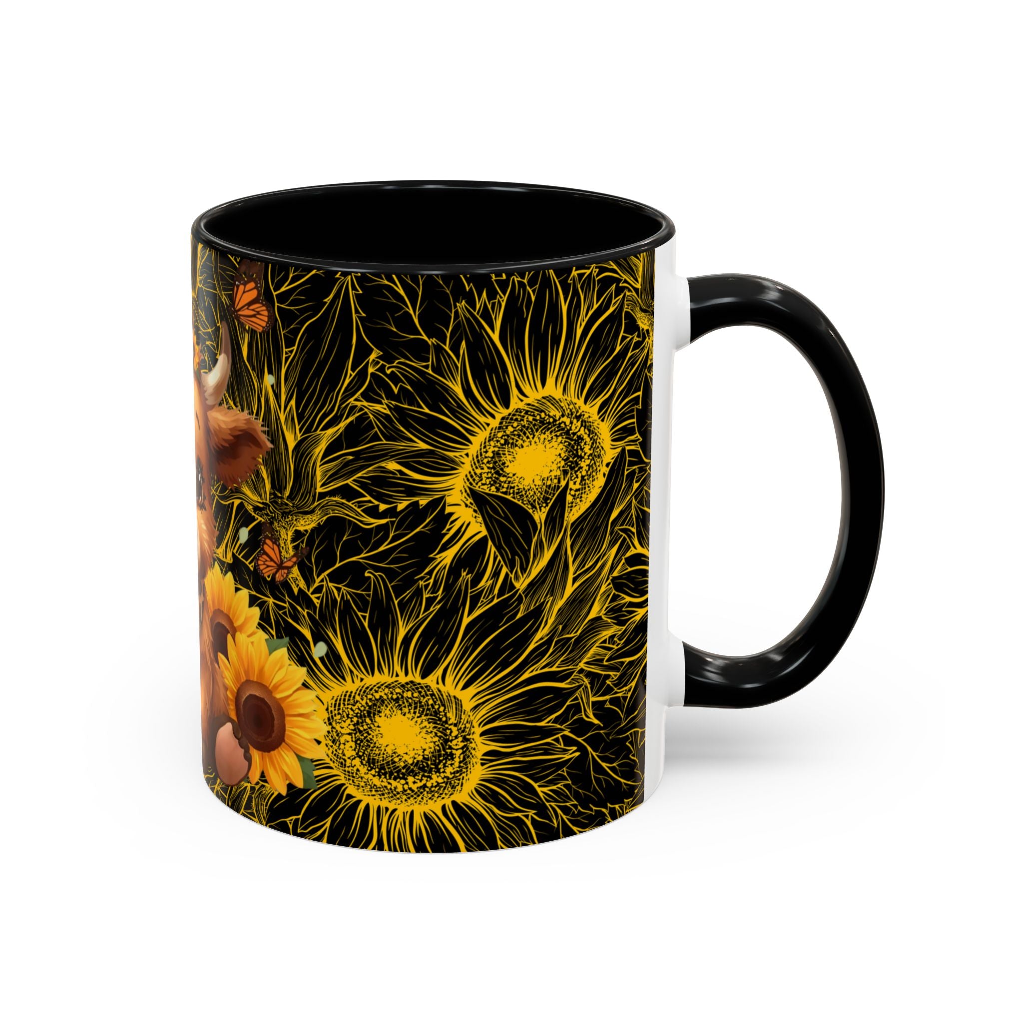 Highland Cow Sunflower Coffee Mug Cute Baby Cow with Sunflowers, Farmhouse Kitchen Gift 11oz and 15oz