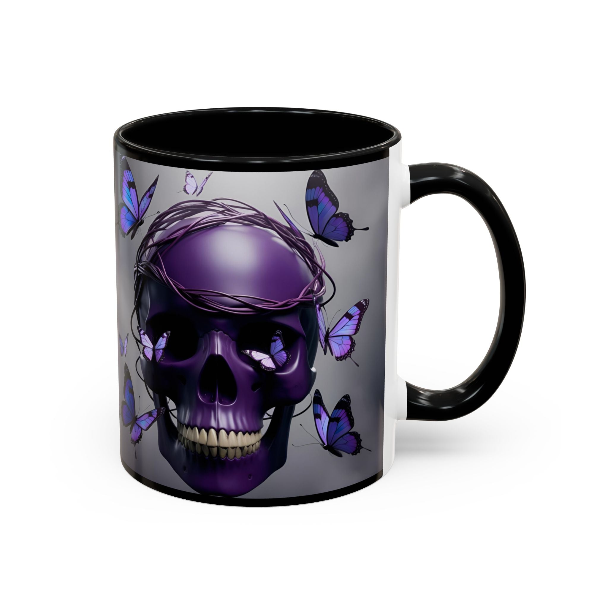 Purple Coffee Cup Gothic Skull & Butterflies Accent Coffee Mug
