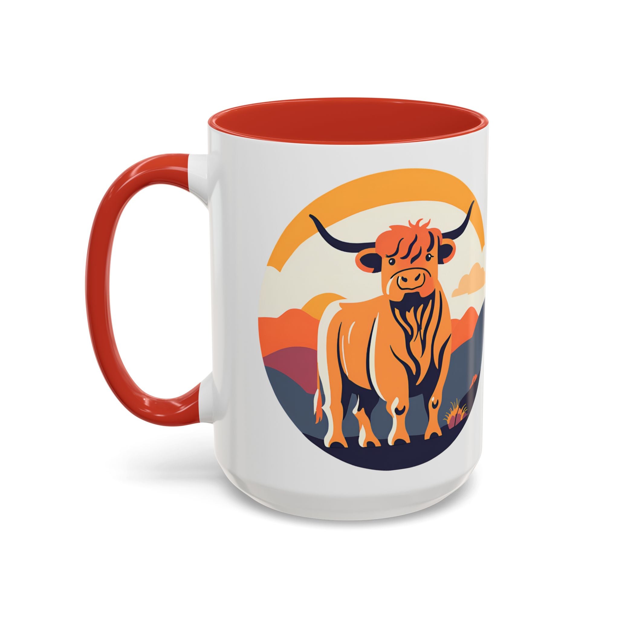 Highland Cow Coffee Mug Retro Sunset Accent 15oz