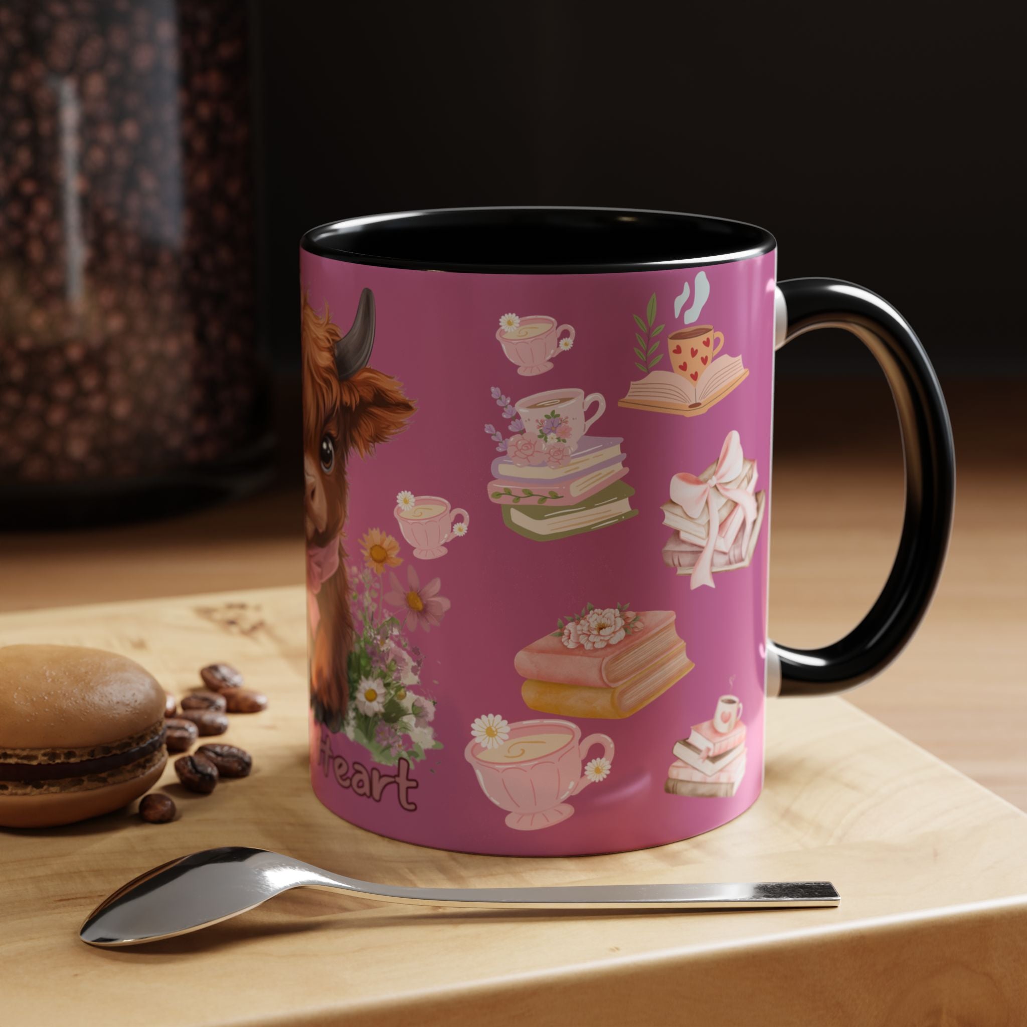 Highland Cow Coffee Mug — Cute Floral Heart Cow Accent Mug (11/15oz)