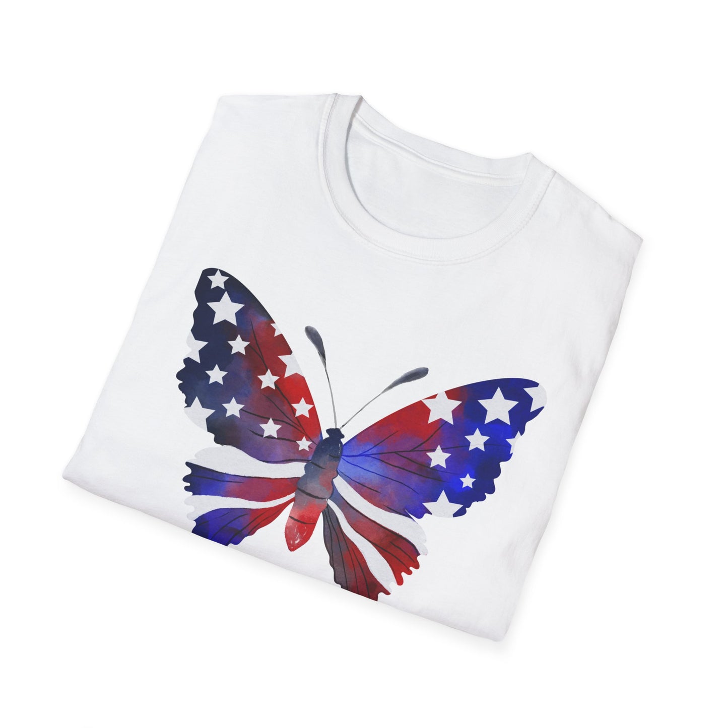 Unite Comfort and Patriotism with this Butterfly Flag Soft Style T-Shirt