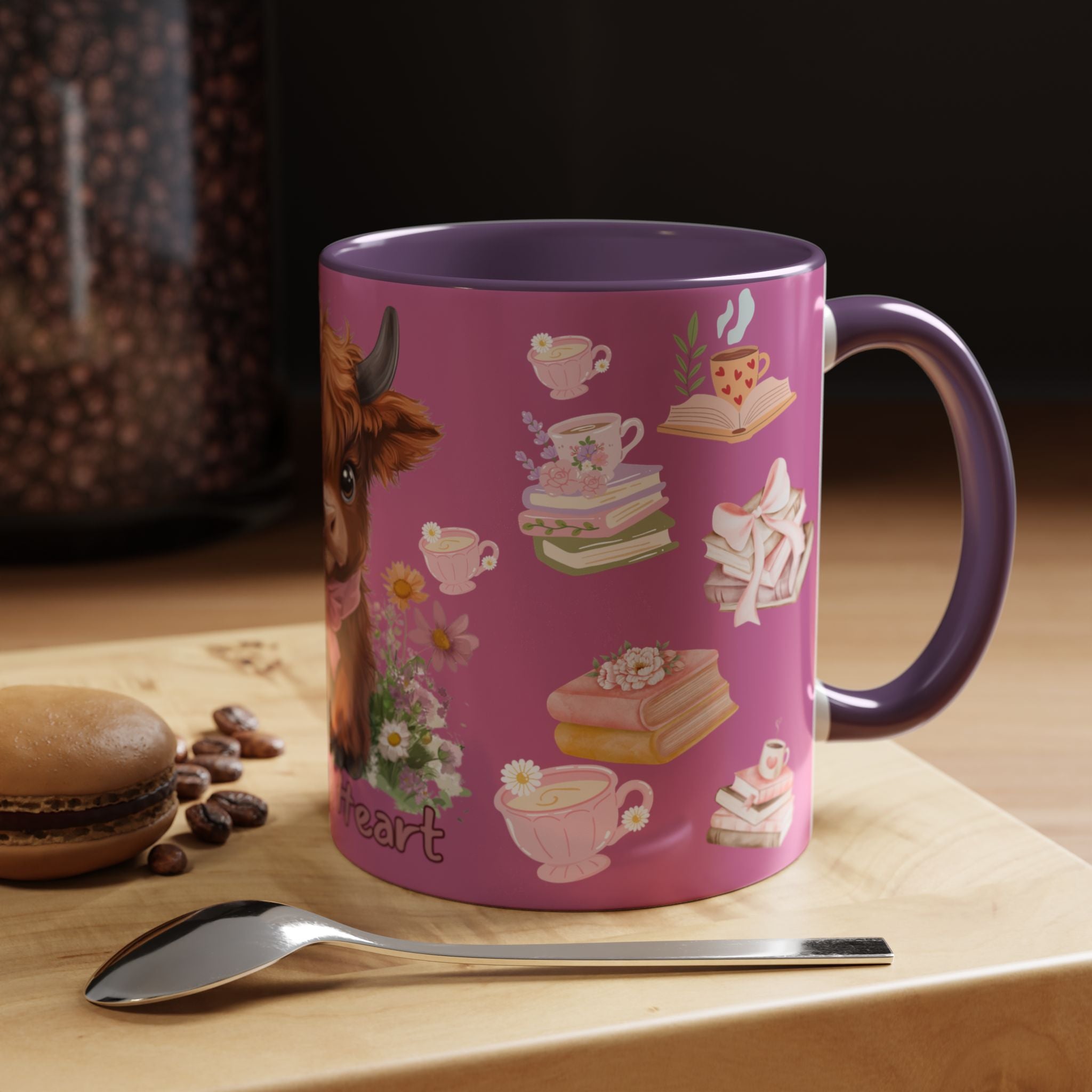 Highland Cow Coffee Mug — Cute Floral Heart Cow Accent Mug (11/15oz)