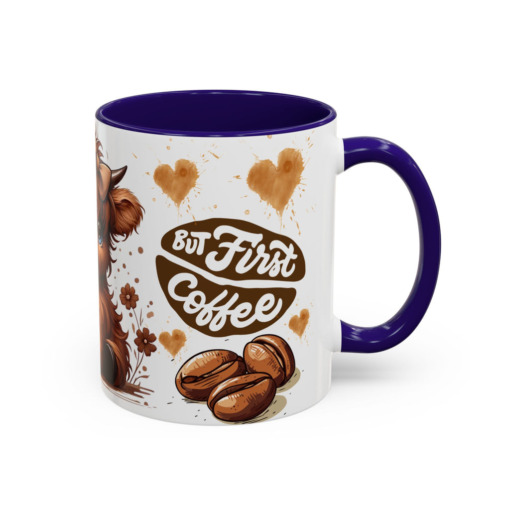 Cute Highland Cow Coffee Mug — "But First Coffee" Colorful Ceramic Mug (11oz/15oz)