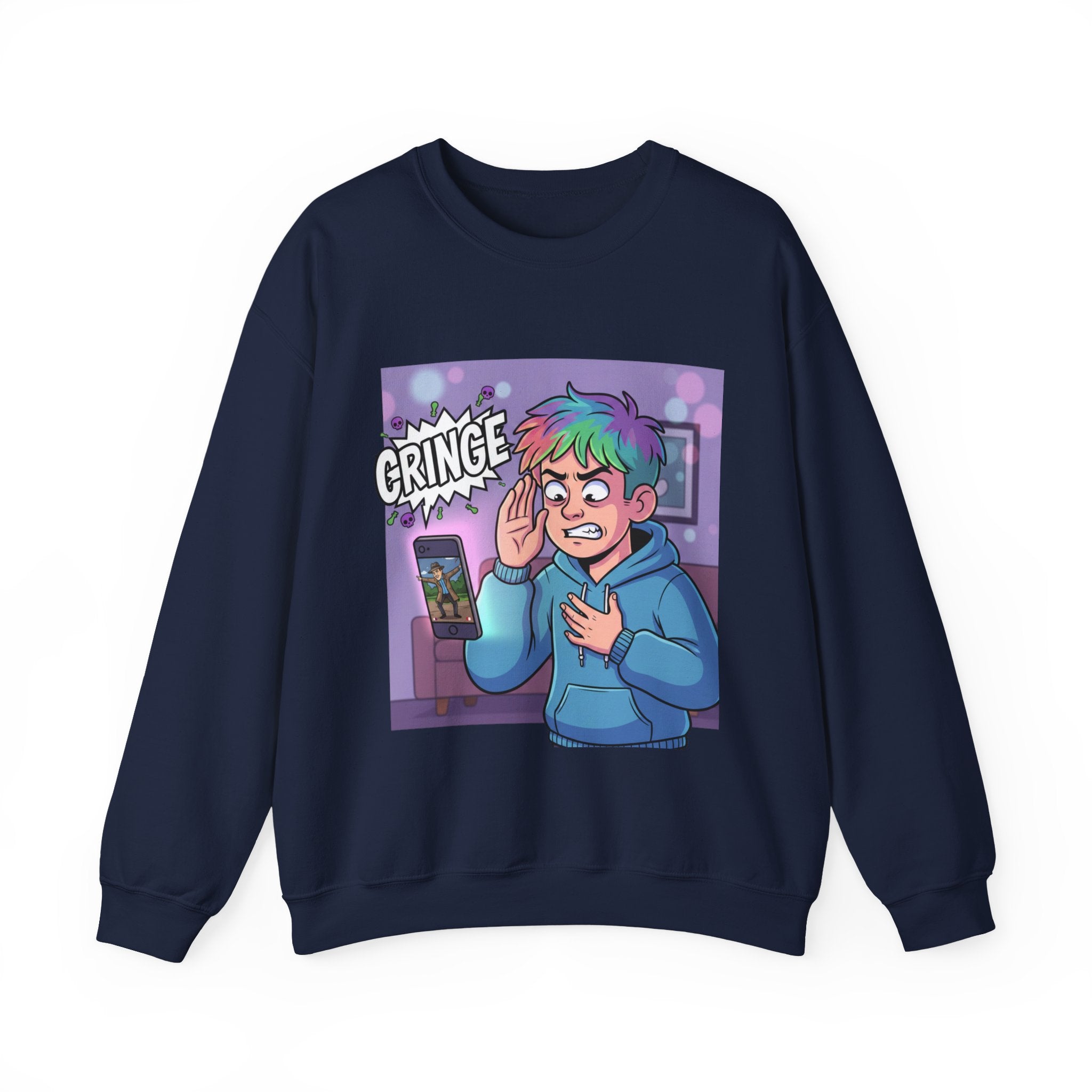 Cringe Reaction Cartoon Boy Sweatshirt | Funny Phone Call Illustration