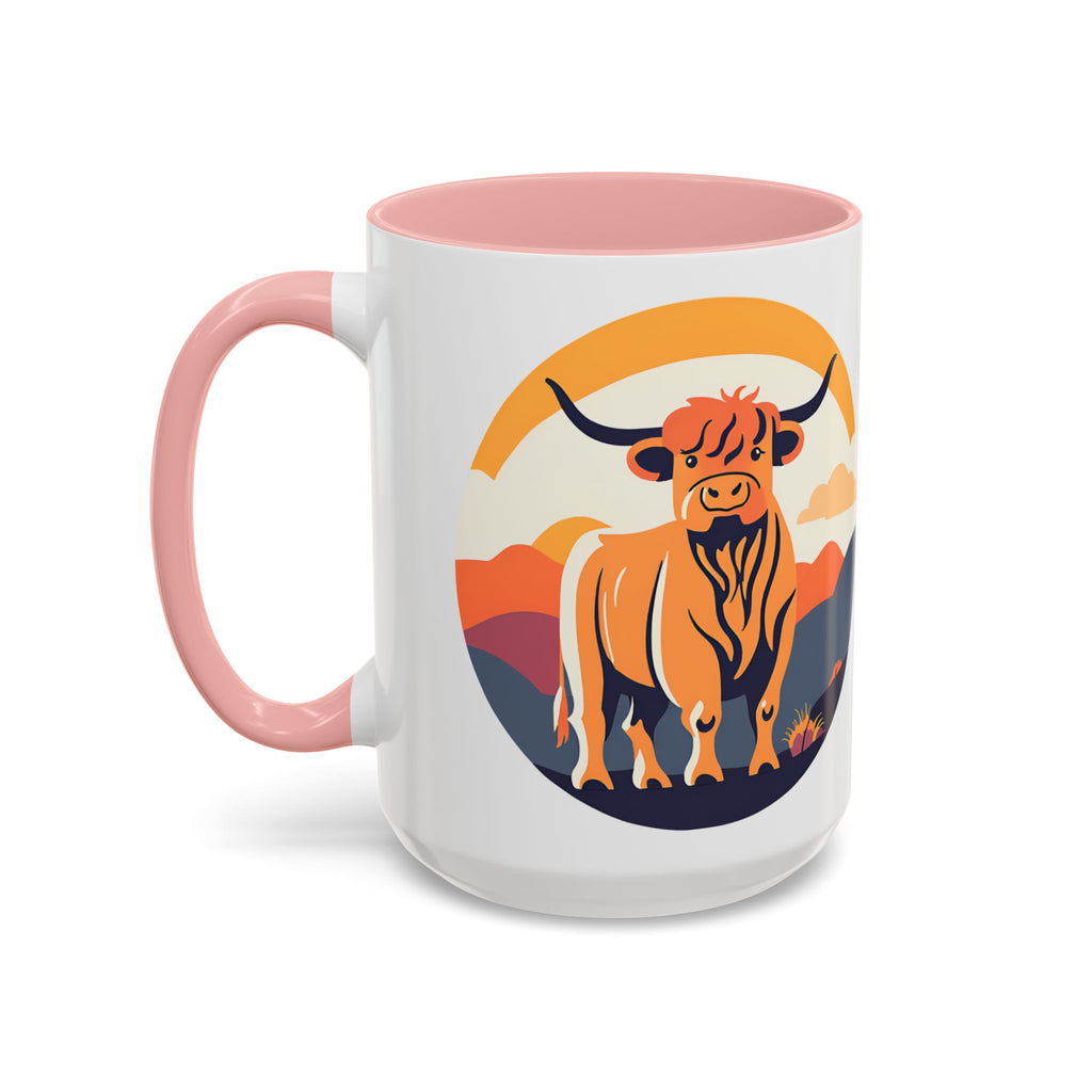 Highland Cow Coffee Mug Retro Sunset Accent 15oz