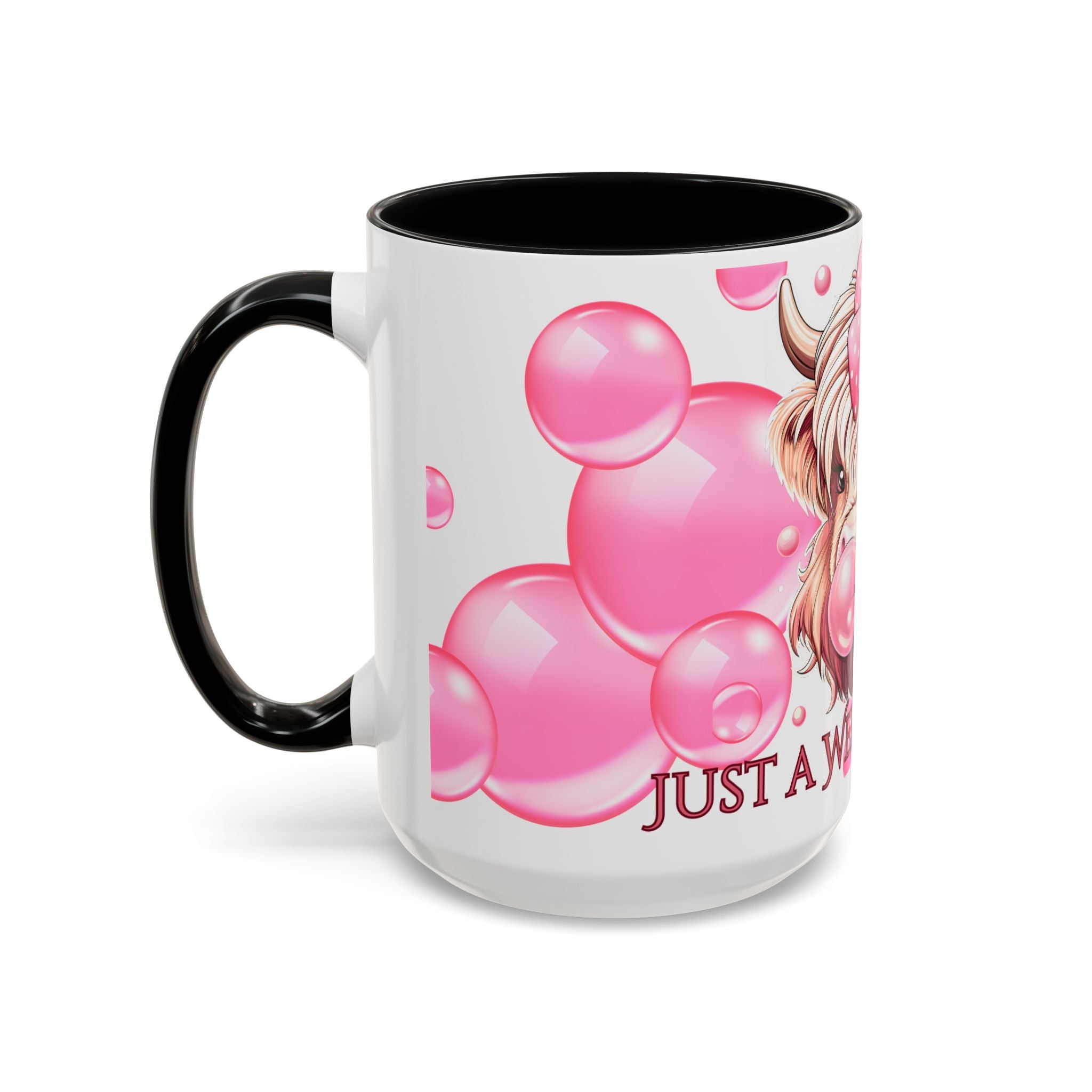 Cute Highland Cow Coffee Mug Saying Just a Wee Bit Moo-dy Pink Accent Mug