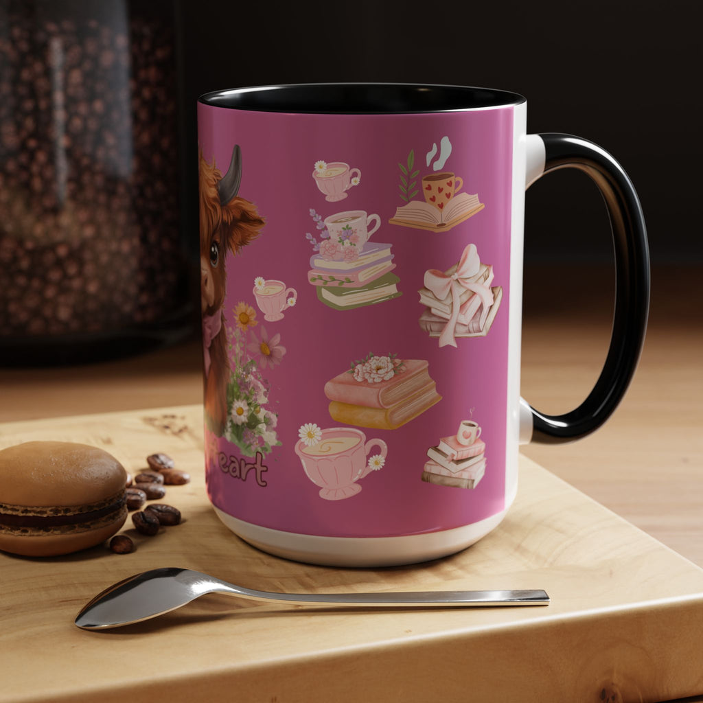 Highland Cow Coffee Mug — Cute Floral Heart Cow Accent Mug (11/15oz)