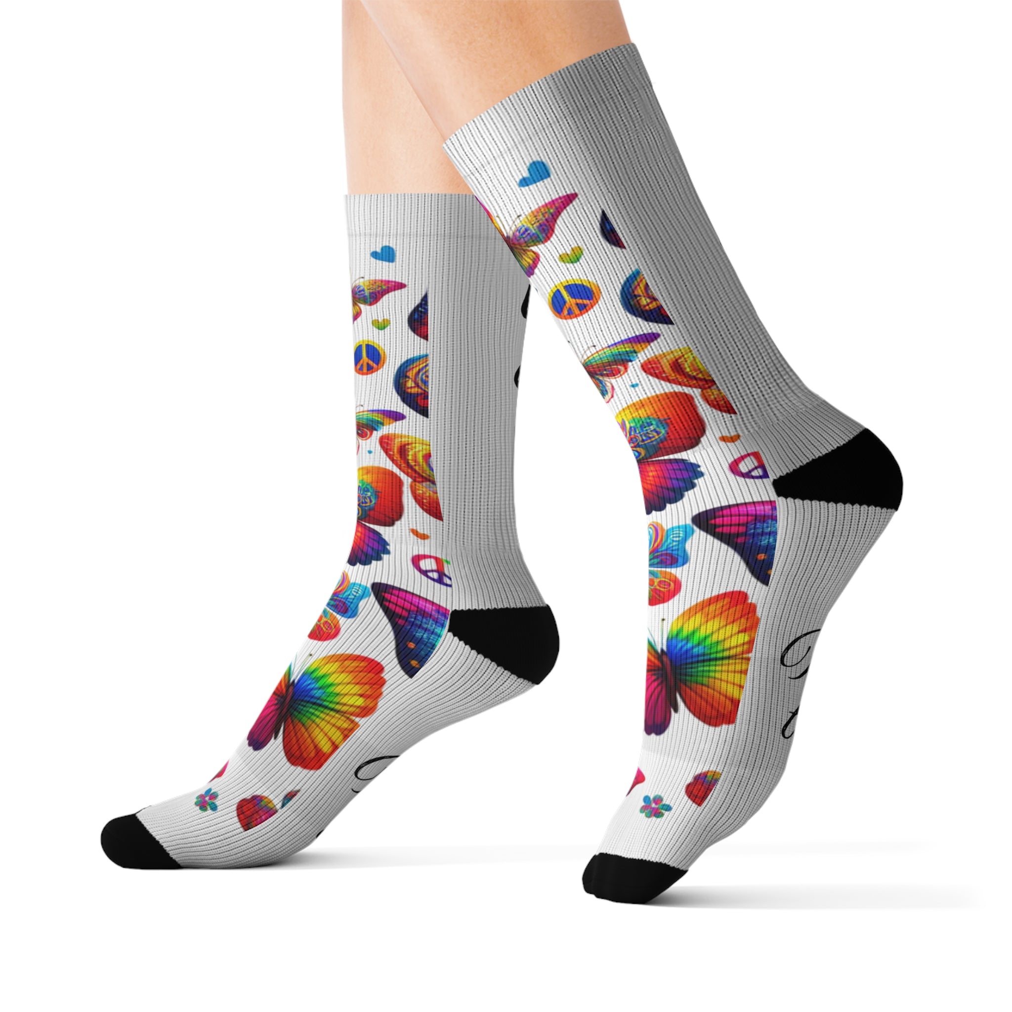 Colorful(Medium)Butterfly Sublimation Socks, Fun Gift for Her, Cozy Fashion for All, Perfect for Everyday Wear, Love & Peace Theme