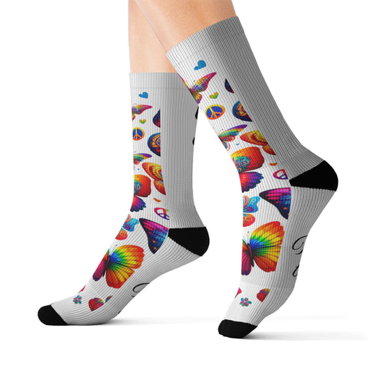 Colorful(Medium)Butterfly Sublimation Socks, Fun Gift for Her, Cozy Fashion for All, Perfect for Everyday Wear, Love & Peace Theme