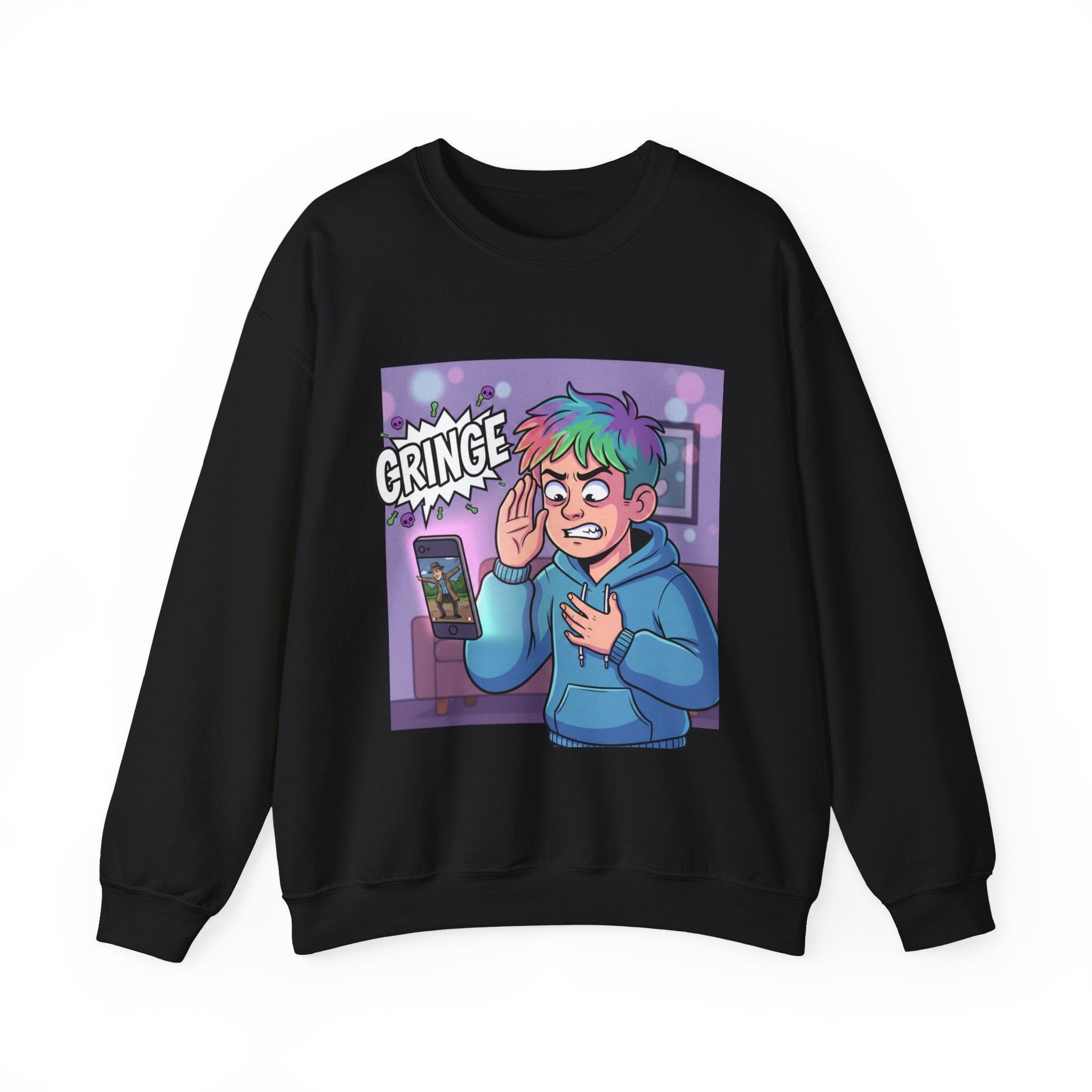Cringe Reaction Cartoon Boy Sweatshirt | Funny Phone Call Illustration