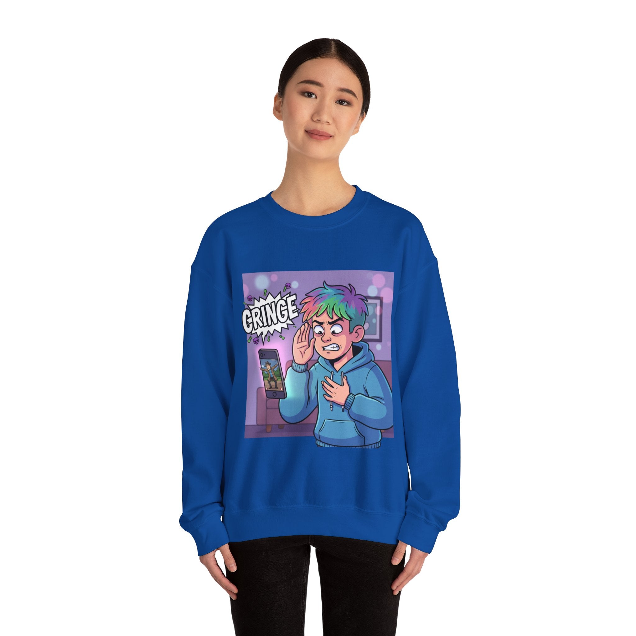 Cringe Reaction Cartoon Boy Sweatshirt | Funny Phone Call Illustration