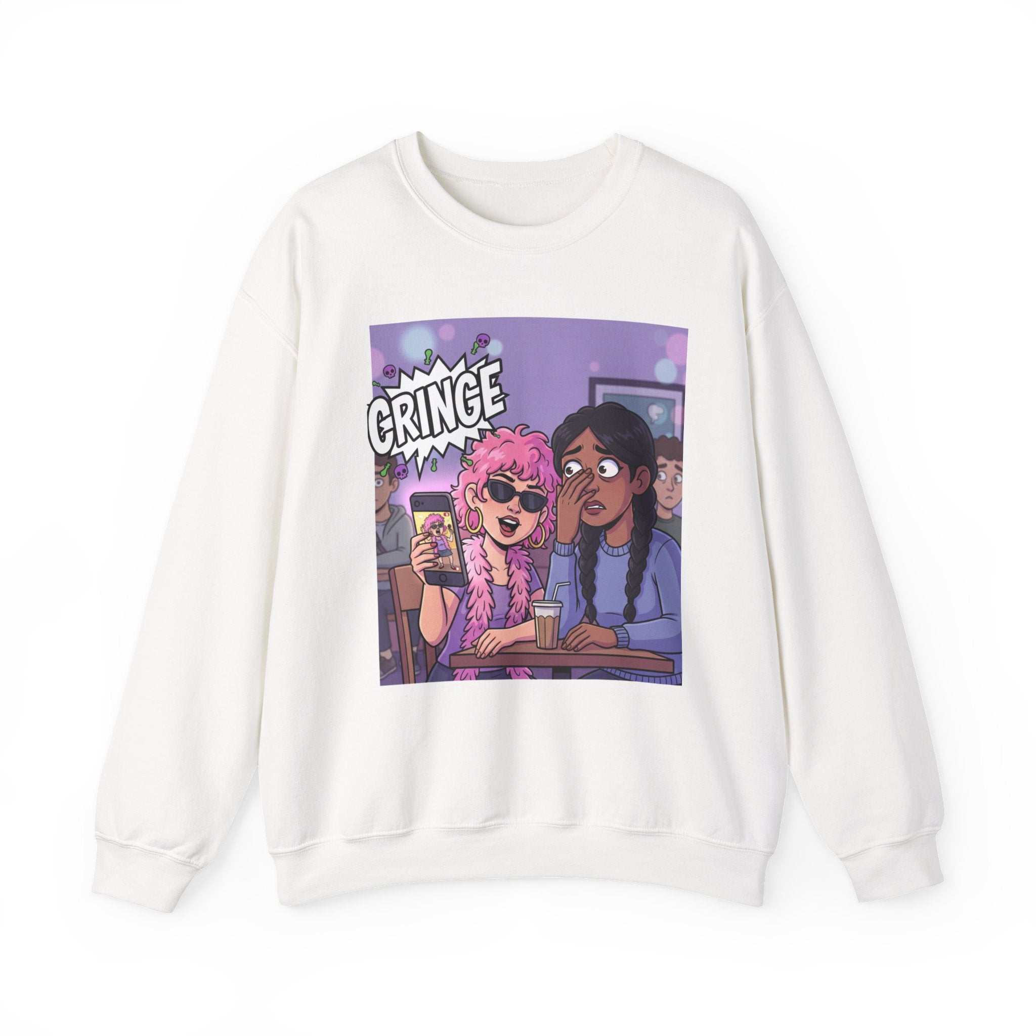Cringe Friends Illustration Sweatshirt | Cartoon Cafe Scene