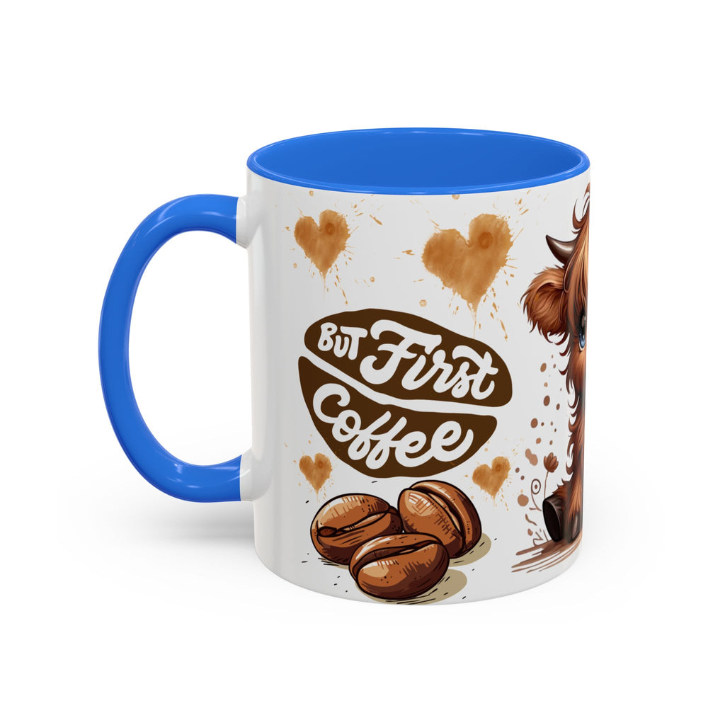 Cute Highland Cow Coffee Mug — "But First Coffee" Colorful Ceramic Mug (11oz/15oz)