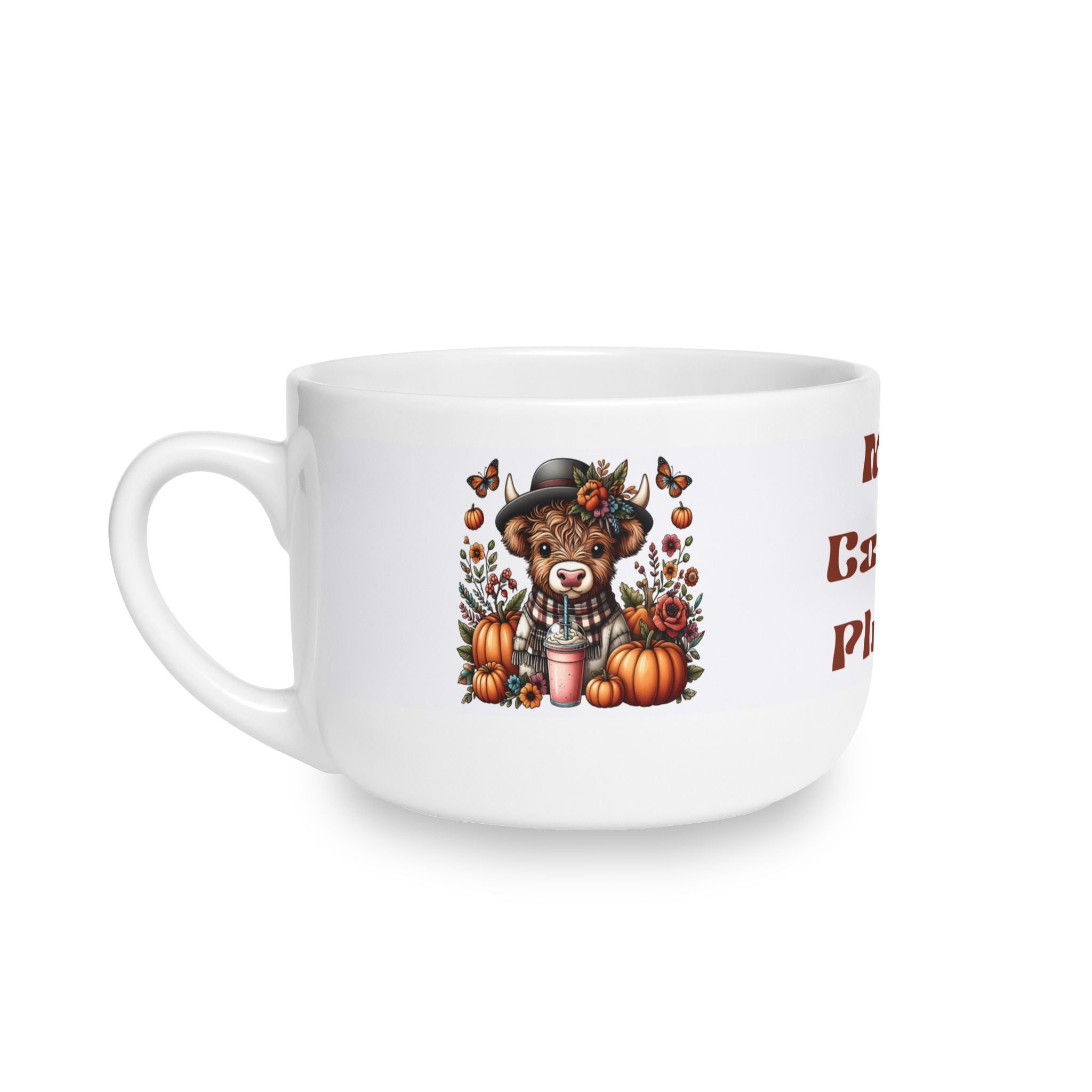 Ceramic Latte Mug — "More Coffee Please" with Fall Pumpkin Bouquet — 25oz