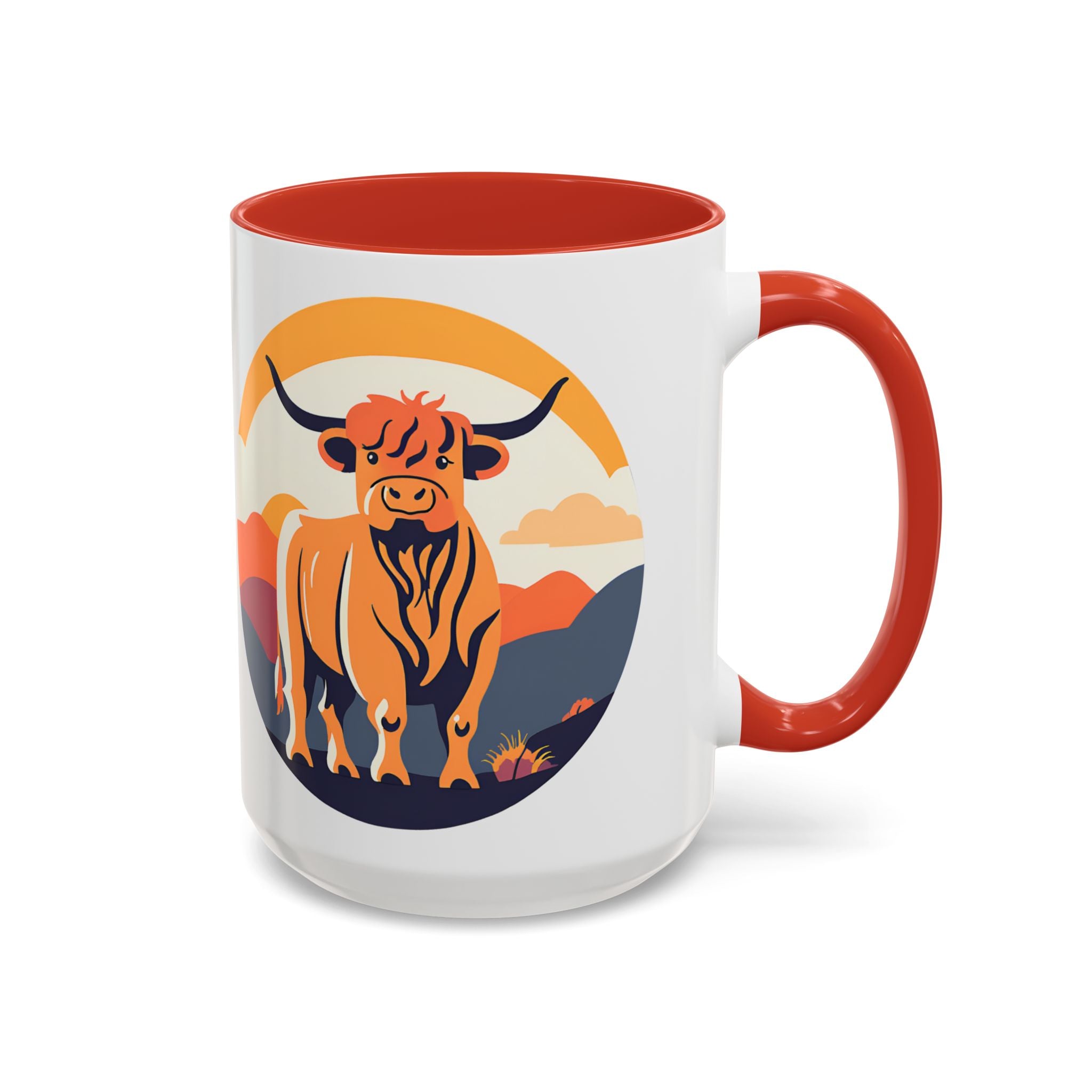Highland Cow Coffee Mug Retro Sunset Accent 15oz