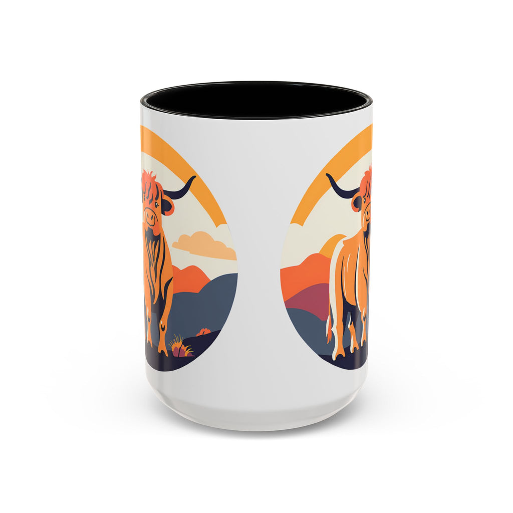Highland Cow Coffee Mug Retro Sunset Accent 15oz