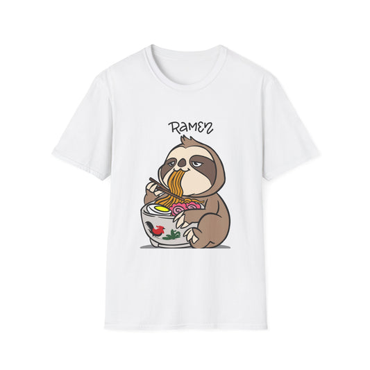 Cute Sloth Ramen T-Shirt, Softstyle Tee, Animal Lover Gift, Funny Casual Wear, Foodie Apparel, Kitchen-themed Shirt