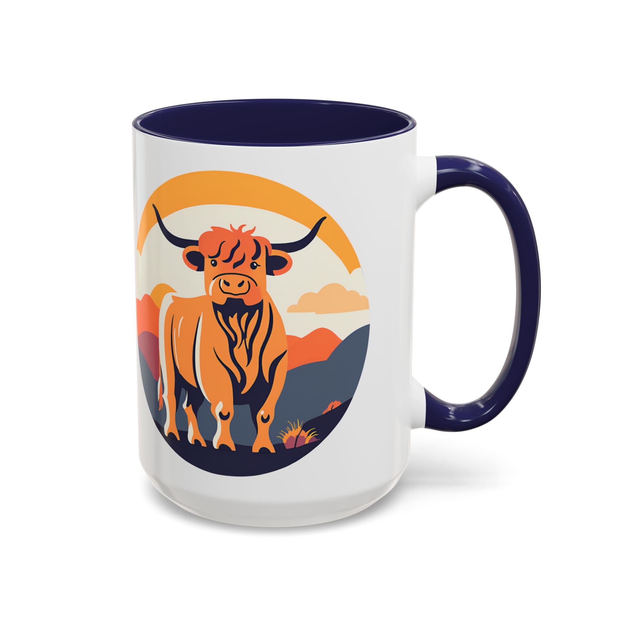 Highland Cow Coffee Mug Retro Sunset Accent 15oz