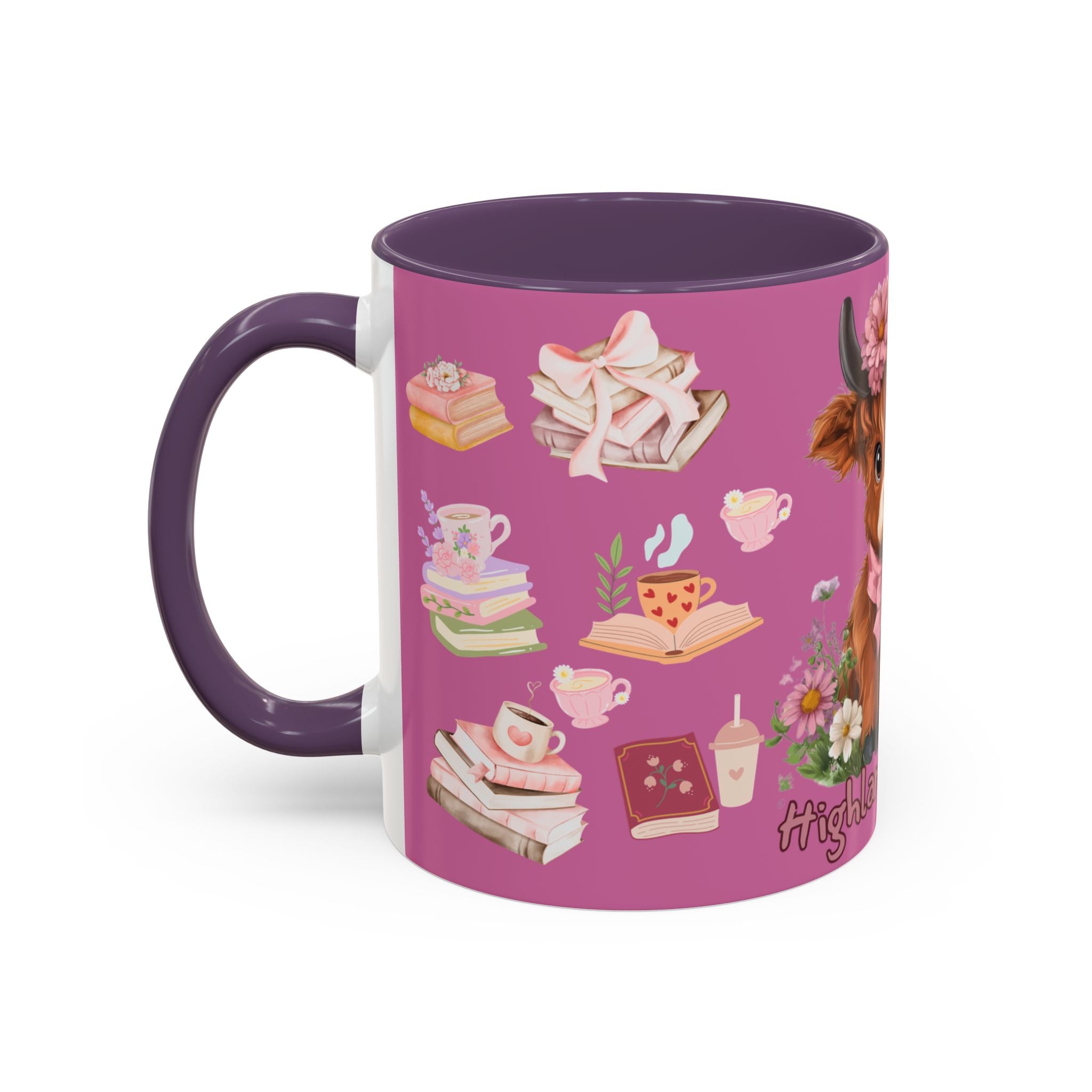 Highland Cow Coffee Mug — Cute Floral Heart Cow Accent Mug (11/15oz)