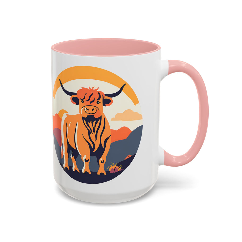 Highland Cow Coffee Mug Retro Sunset Accent 15oz