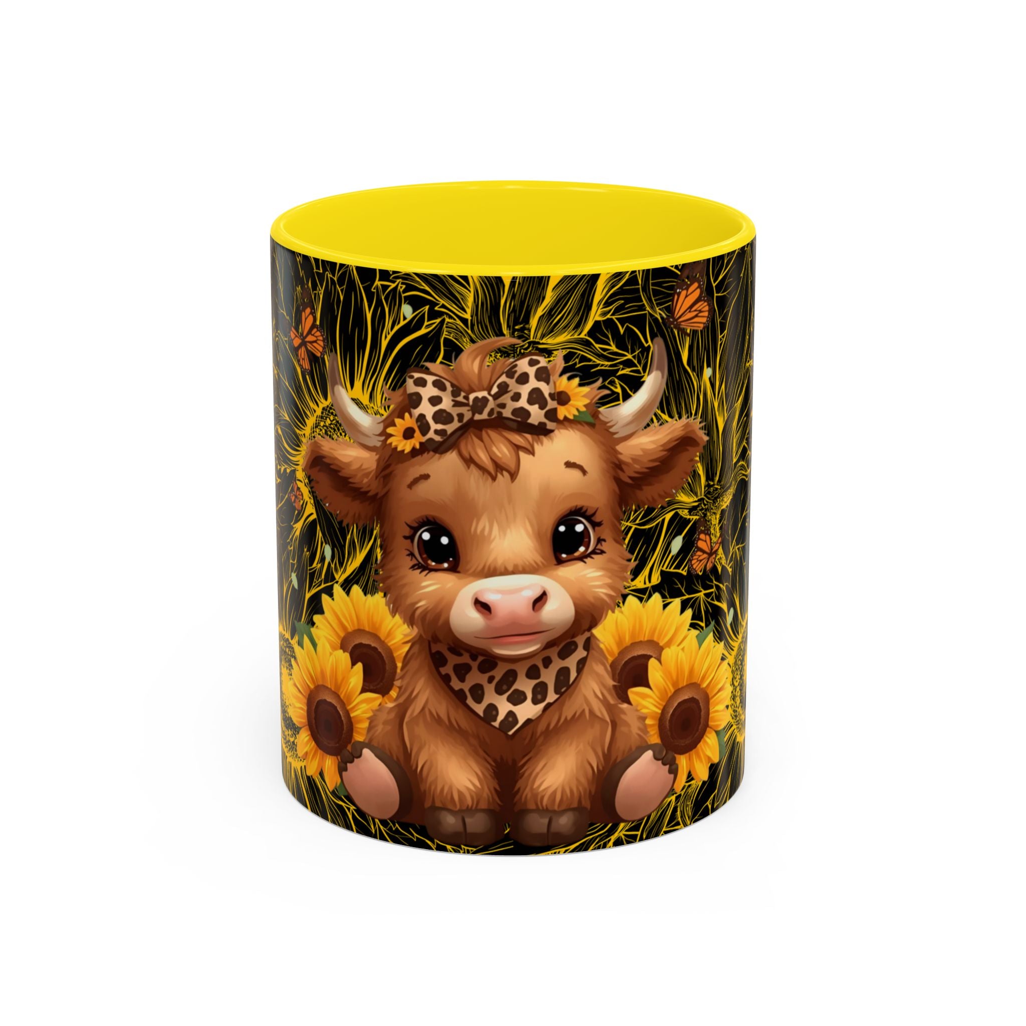 Highland Cow Sunflower Coffee Mug Cute Baby Cow with Sunflowers, Farmhouse Kitchen Gift 11oz and 15oz