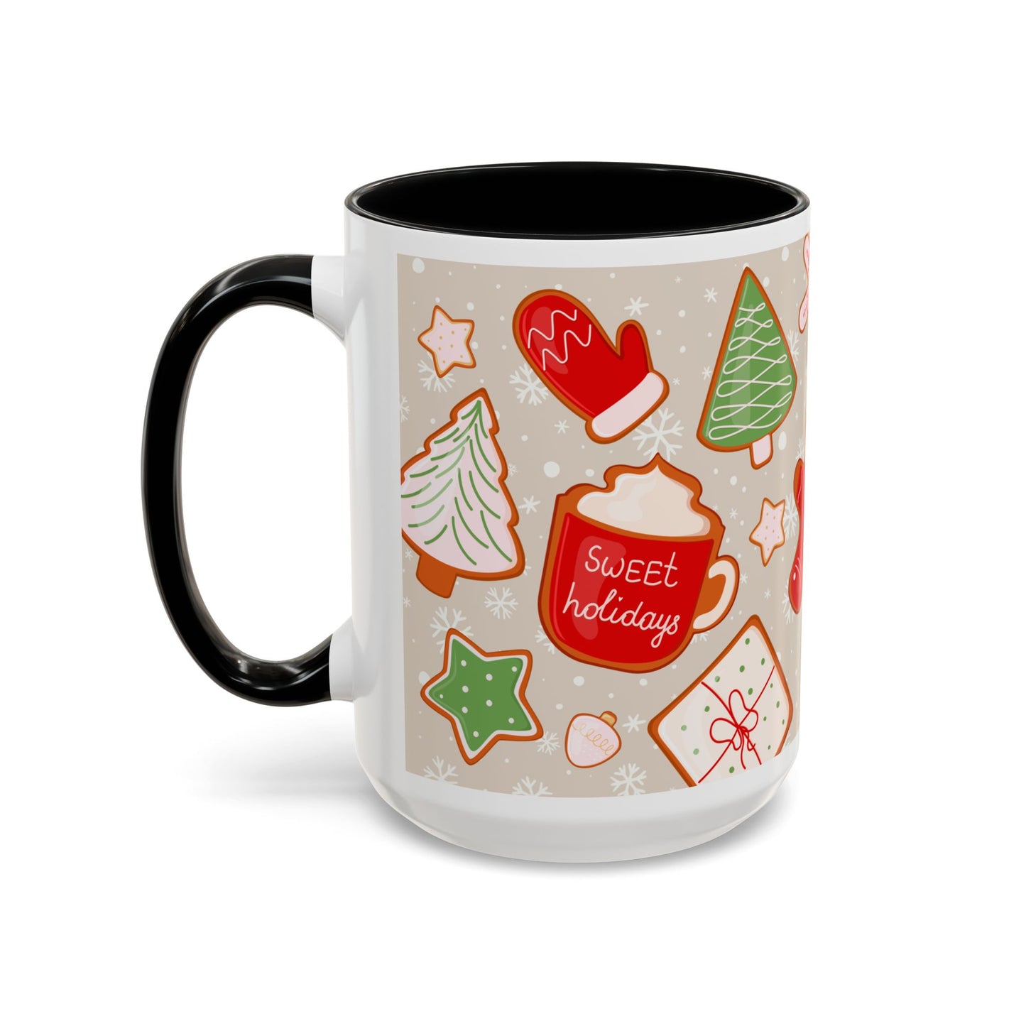 Holiday Cookie Pattern Accent Coffee Mug — Christmas Gingerbread & Ornaments (11/15oz)