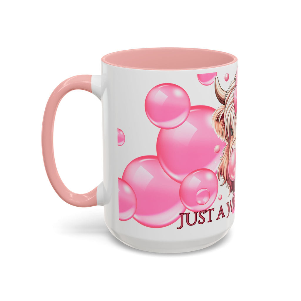 Cute Highland Cow Coffee Mug Saying Just a Wee Bit Moo-dy Pink Accent Mug